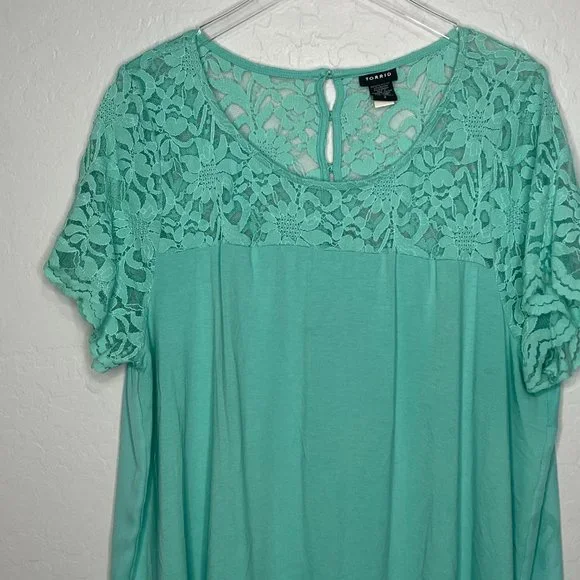 *SOLD* Torrid Mint Green Lace Boarder Relaxed Fit Top 3 3X 22/24 - Picture 4 of 7